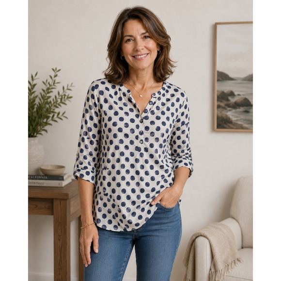 Hester & Orchard Tops - Hester & Orchard Linen Blend Polka Dot Henley Blouse Navy White Small